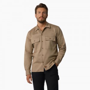 Men's Dickies 1922 Premium Twill Long Sleeve Shirt Brown | 1350826-SZ