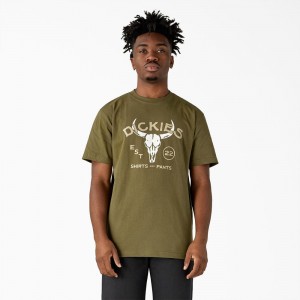 Men's Dickies Bull Skull Heavyweight T-Shirt Green | 8032947-XW