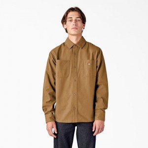 Men's Dickies Duck Canvas Long Sleeve Utility Shirt Brown | 0382674-DQ