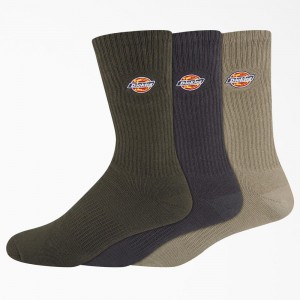 Men's Dickies Embroidered Crew 3-Pack Socks Olive | 8106793-CY