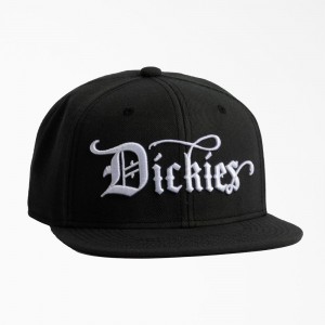 Men's Dickies Embroidered Flat Brim Hat Black | 7253910-CJ