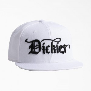 Men's Dickies Embroidered Flat Brim Hat White | 6245801-BD