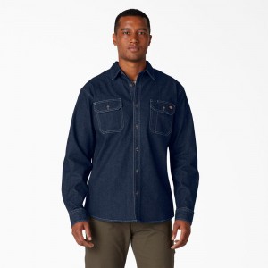 Men's Dickies FLEX Denim Long Sleeve Shirt Blue | 2814930-KL