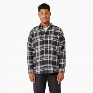 Men's Dickies FLEX Long Sleeve Flannel Shirt Black | 5389610-KL