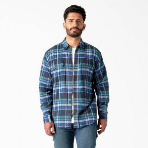 Men's Dickies FLEX Long Sleeve Flannel Shirt Blue | 0175429-VO