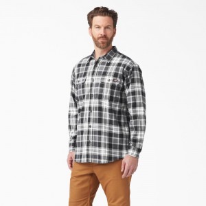 Men's Dickies FLEX Long Sleeve Flannel Shirt Black | 9406352-LK