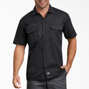 Men's Dickies FLEX Relaxed Fit Short Sleeve Work Shirts Black | 1856203-SE