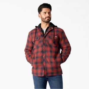 Men's Dickies Flannel Hooded Shirt Jacket Red | 7592640-HZ