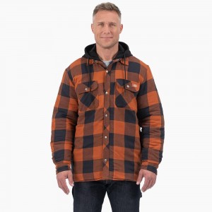 Men's Dickies Flannel Hooded Shirt Jacket Orange | 6329710-HQ