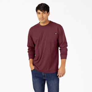 Men's Dickies Heavyweight Heathered Long Sleeve Pocket T-Shirt Burgundy | 5023491-UH