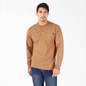 Men's Dickies Heavyweight Heathered Long Sleeve Henley T-Shirt Brown | 3504819-QT