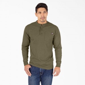 Men's Dickies Heavyweight Heathered Long Sleeve Henley T-Shirt Green | 0183456-MR