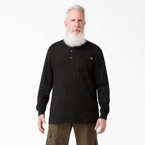 Men's Dickies Heavyweight Long Sleeve Henley T-Shirt Black | 3176092-YQ