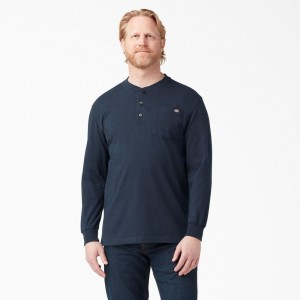 Men's Dickies Heavyweight Long Sleeve Henley T-Shirt Navy | 0254673-UY