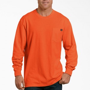 Men's Dickies Heavyweight Neon Long Sleeve Pocket T-Shirt Orange | 0762483-RL