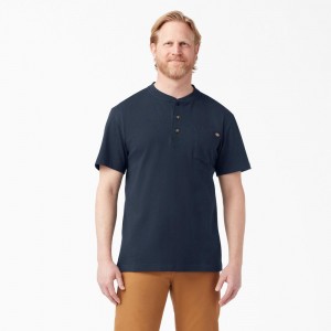 Men's Dickies Heavyweight Short Sleeve Henley T-Shirt Navy | 7950683-LM