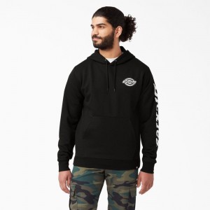 Men's Dickies Logo Sleeve Fleece Hoodie Black | 2450836-KY