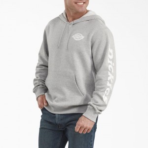 Men's Dickies Logo Sleeve Fleece Hoodie Grey | 4279561-ZT