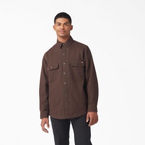 Men's Dickies Long Sleeve Flannel-Lined Duck Shirt Brown | 0218346-XJ