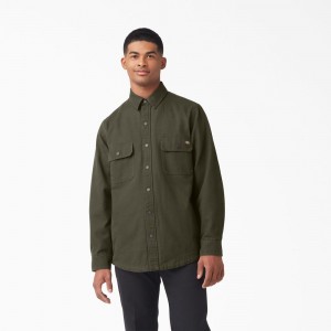 Men's Dickies Long Sleeve Flannel-Lined Duck Shirt Green | 1837205-OX