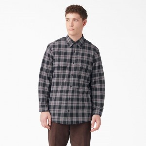 Men's Dickies Long Sleeve Flannel Shirt Black | 2537148-CL