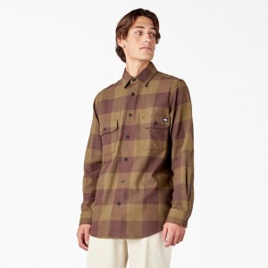 Men's Dickies Long Sleeve Flannel Shirt Olive | 5473691-EP