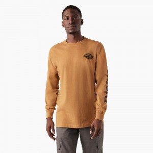 Men's Dickies Long Sleeve Heavyweight Logo T-Shirt Brown | 7106548-RL