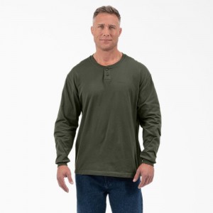 Men's Dickies Long Sleeve Henley T-Shirt Green | 6341590-XH