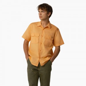 Men's Dickies Madras Short Sleeve Work Shirts Yellow | 0185367-AF