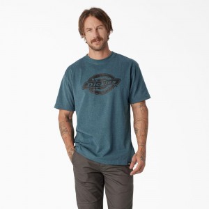 Men's Dickies Short Sleeve Heavyweight Logo T-Shirt Blue | 4591860-CQ