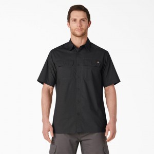 Men's Dickies Short Sleeve Ripstop Work Shirts Black | 5627034-BW