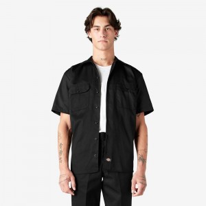 Men's Dickies Short Sleeve Work Shirts Black | 4018927-TE