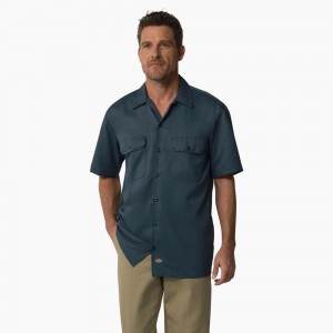 Men's Dickies Short Sleeve Work Shirts Blue | 0236894-FK