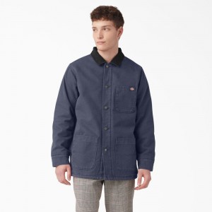 Men's Dickies Stonewashed Duck Lined Chore Jacket Navy | 3074851-UZ