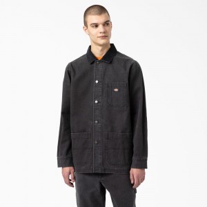 Men's Dickies Stonewashed Duck Unlined Chore Jacket Black | 5837901-FQ