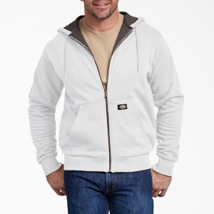 Men's Dickies Thermal Lined Fleece Zip Hoodie White | 8964352-WS