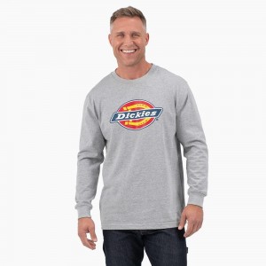 Men's Dickies Tri-Color Logo Graphic Long Sleeve T-Shirt Grey | 2546193-EA