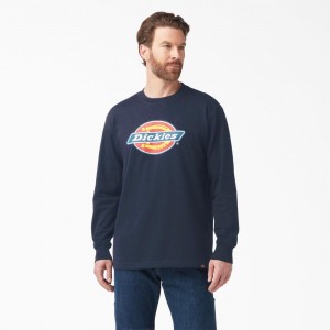 Men's Dickies Tri-Color Logo Graphic Long Sleeve T-Shirt Navy | 3246017-AI