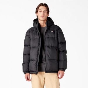 Men's Dickies Waldenburg Hooded Puffer Jacket Black | 4197865-QR