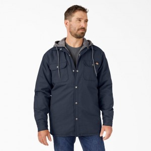 Men's Dickies Water Repellent Duck Hooded Shirt Jacket Navy | 4753912-QS