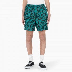 Men's Dickies Zebra Print Modern Fit Drawstring Shorts Green | 2850371-JX