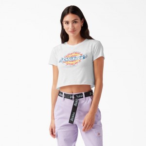 Women's Dickies Distressed Logo Cropped T-Shirt White | 2385016-EL