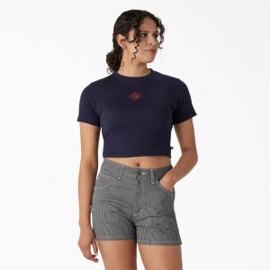 Women's Dickies Embroidered Cropped Baby T-Shirt Navy | 4210678-PZ