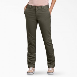 Women's Dickies FLEX Slim Fit Double Knee Pants Green | 3461072-PN