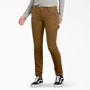 Women's Dickies FLEX Slim Fit Duck Carpenter Pants Brown | 3086219-QI