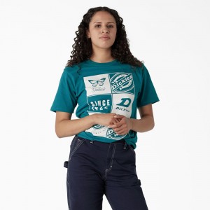 Women's Dickies Graphic Band T-Shirt Blue | 3160485-WS