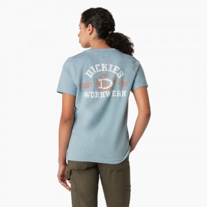 Women's Dickies Heavyweight Workwear Graphic T-Shirt Blue | 8057429-XG