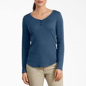 Women's Dickies Henley Long Sleeve T-Shirt Blue | 8012794-RV