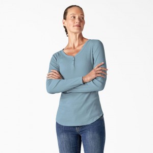 Women's Dickies Henley Long Sleeve T-Shirt Blue | 9750846-PA