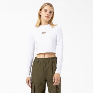 Women's Dickies Maple Valley Logo Long Sleeve Cropped T-Shirt White | 7083154-YC